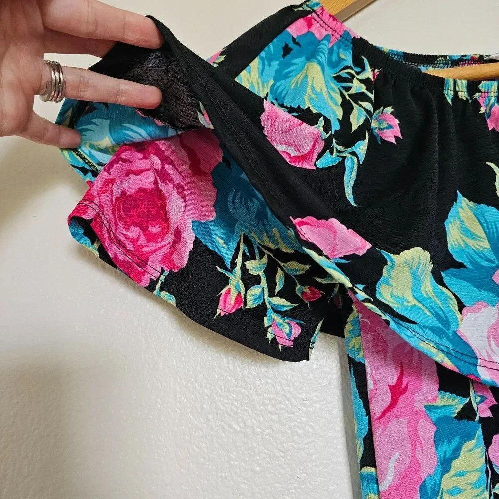 Black and Pink Floral Off the Shoulder Midi Dress Womens Size S Bump Friendly